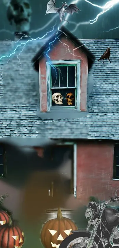 Spooky haunted house with pumpkins, gravestones, and a stormy sky.