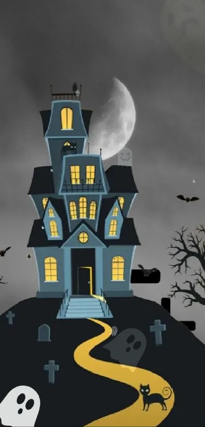 Spooky haunted house with bats and moonlit sky, ideal for Halloween.