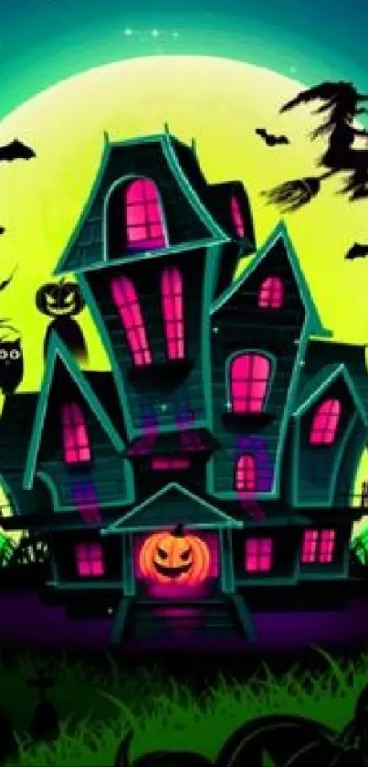 Spooky Halloween wallpaper with haunted house and full moon.