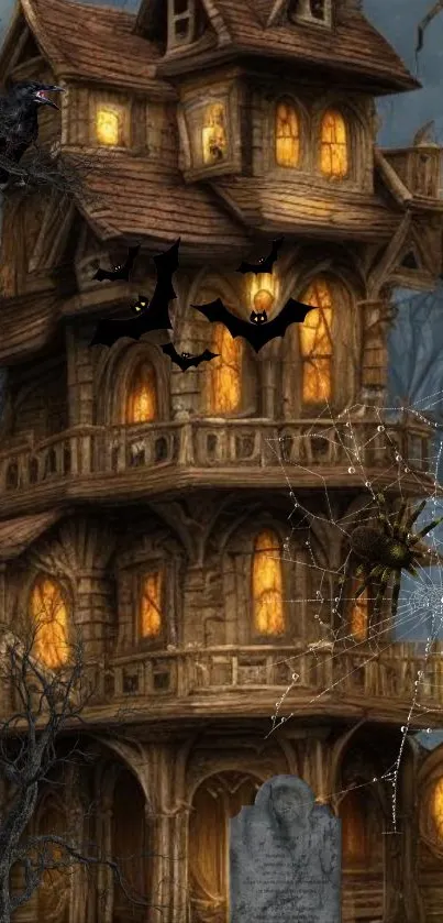 Spooky haunted house with glowing windows and bats on a dark, eerie forest background.