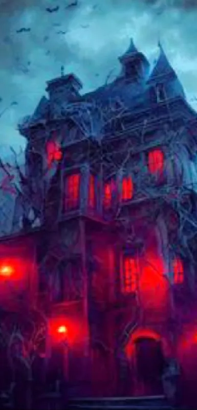 Spooky haunted house with red windows and dark sky.