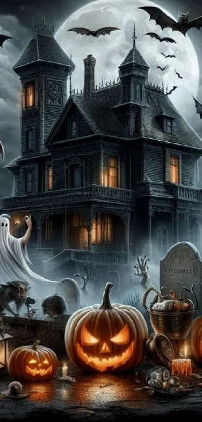 A haunted house with ghosts and pumpkins under a full moon.