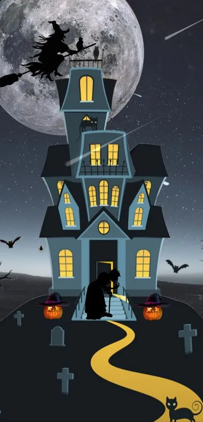 Haunted house with witch flying under a full moon.