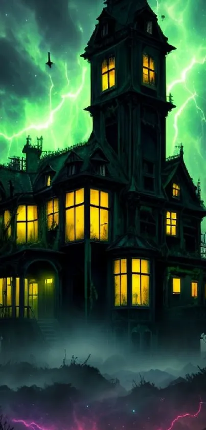 Haunted house with glowing windows and green lightning in a stormy night.