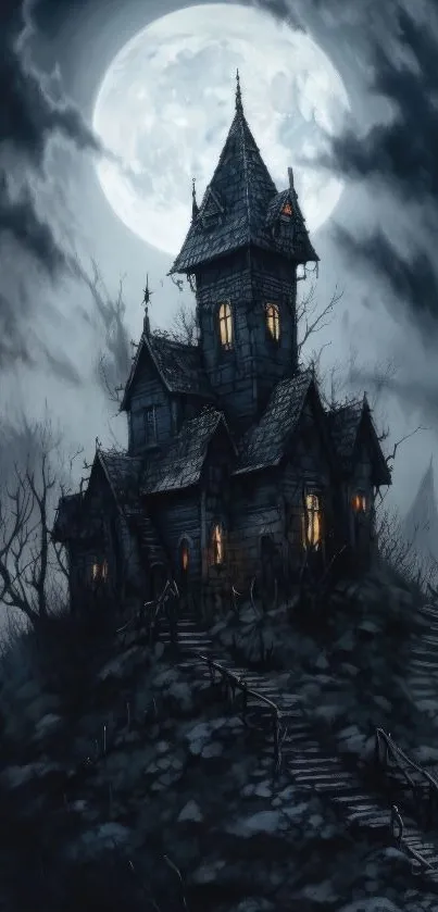 Haunted house on hill under full moon night.