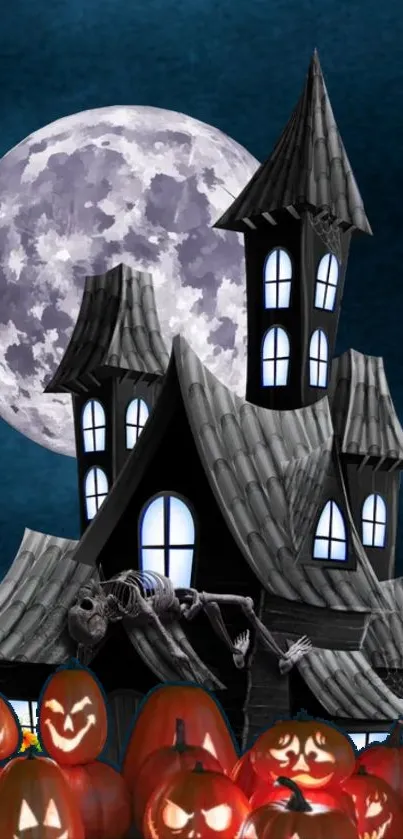 Spooky haunted house with moonlight and jack-o'-lanterns.