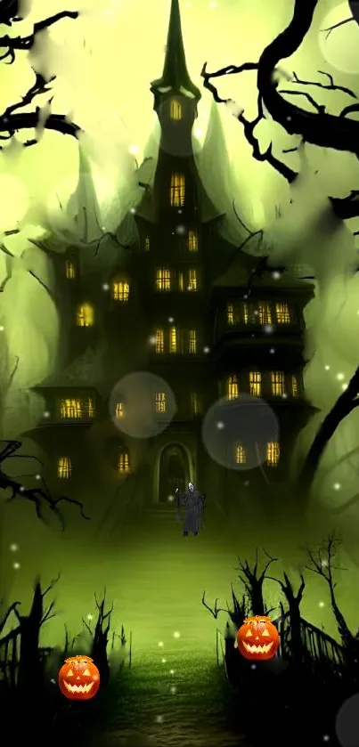 Spooky haunted house with glowing lights and pumpkins under a green eerie sky.