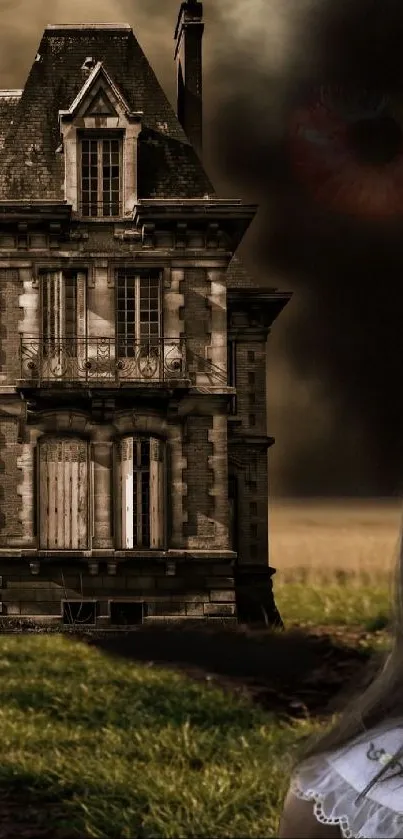 A spooky haunted house with a mysterious child under a dark, eerie sky.