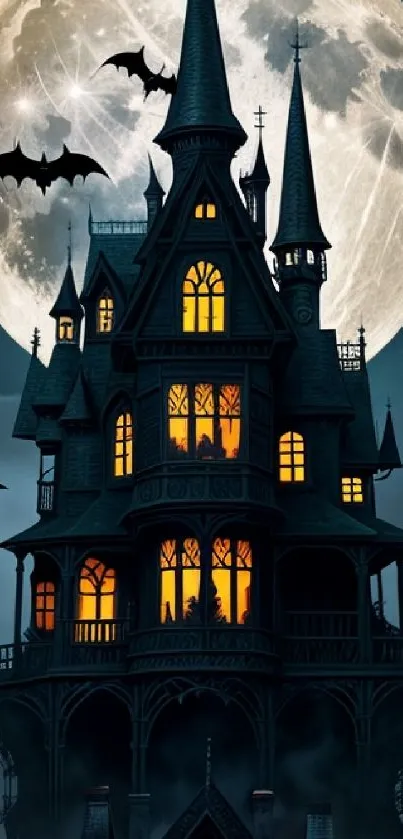 Haunted house with bats and a full moon, perfect for Halloween.