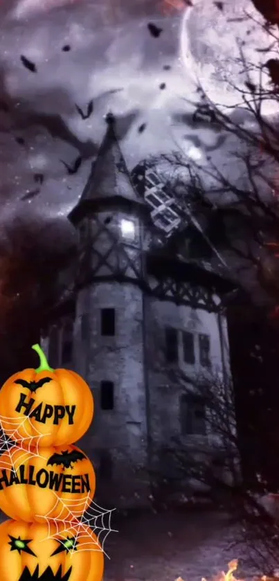 Haunted house with pumpkins and bats in a fiery Halloween scene.