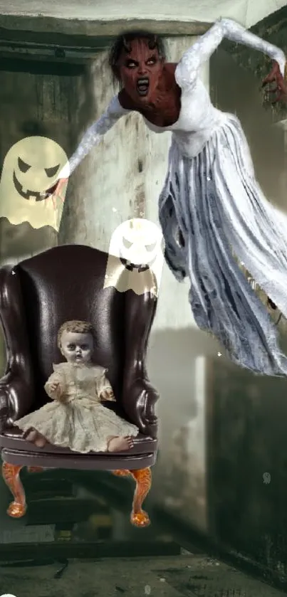 Eerie haunted house scene with a ghostly figure and creepy doll in a chair.