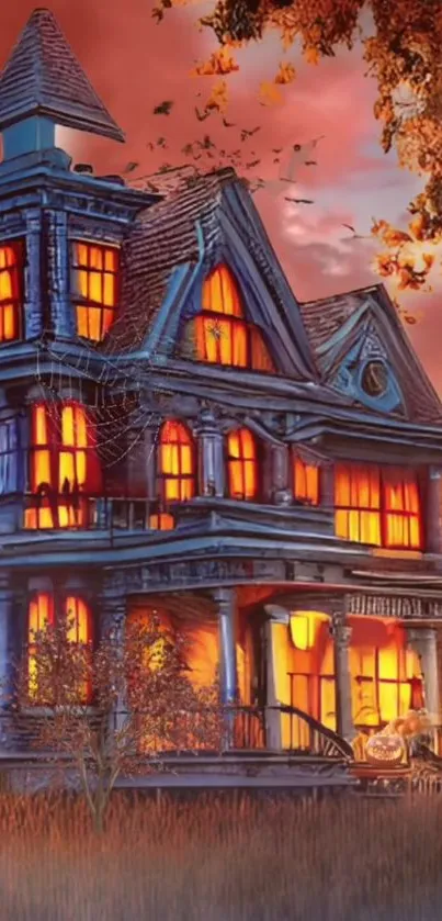 Eerie haunted house with glowing windows and autumn leaves.