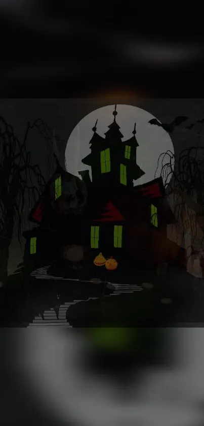 Spooky haunted house with glowing windows under a full moon.