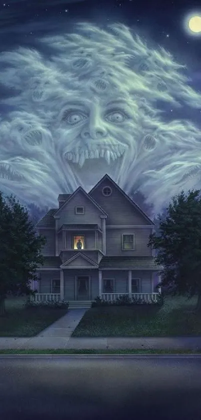 Haunting ghostly figure over house under a moonlit sky.