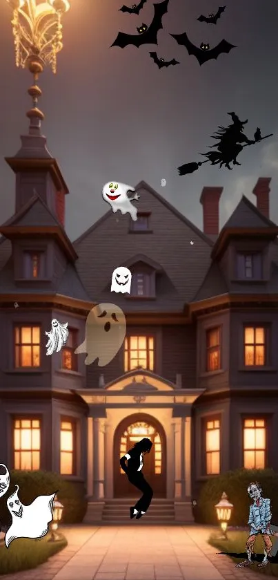 Haunted house with ghosts and bats under a lantern-lit sky.