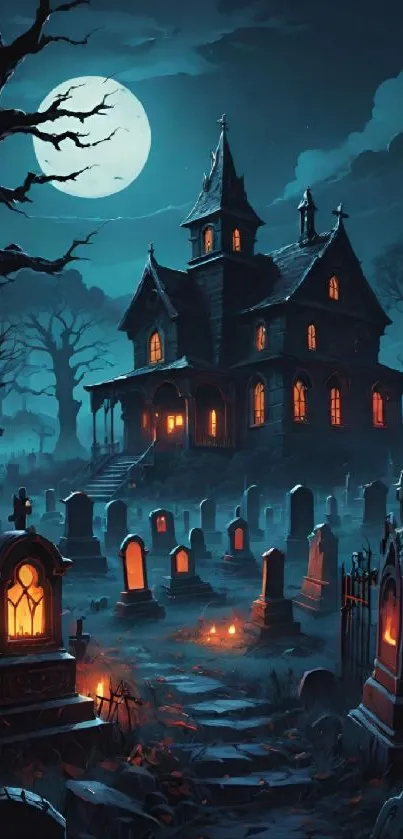 Eerie haunted mansion under a full moon with a spooky graveyard.