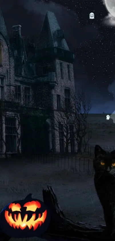 Spooky Halloween wallpaper with haunted mansion and black cat in moonlight.