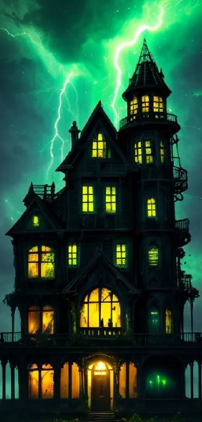 Eerie gothic mansion with green lightning under a stormy sky.