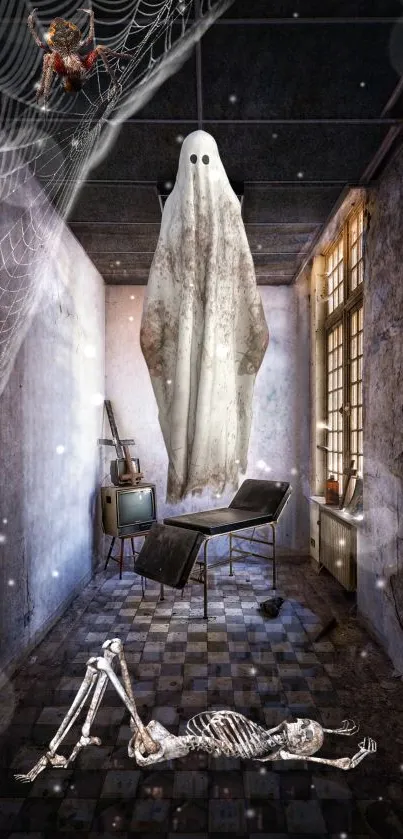 Eerie ghost in a haunted room with skeleton and cobwebs mobile wallpaper.