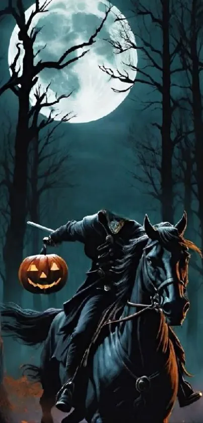 Headless horseman with pumpkin under full moon in dark forest.