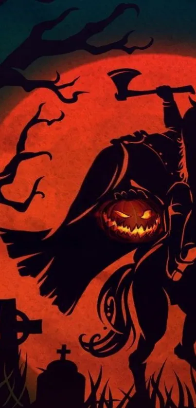 Spooky wallpaper of Headless Horseman with a pumpkin head under the full moon.
