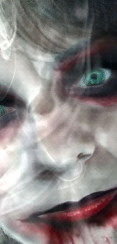 Close-up of a spooky, horror-themed face with green eyes