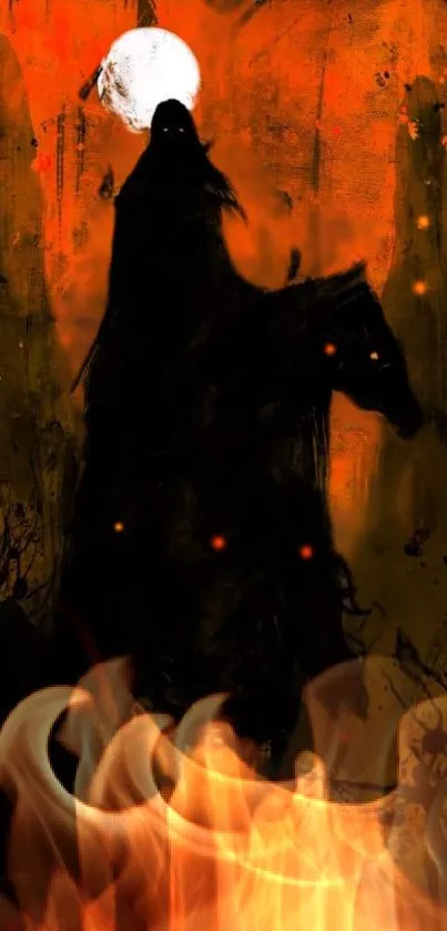 Silhouette of a horseman against a fiery orange background with full moon.