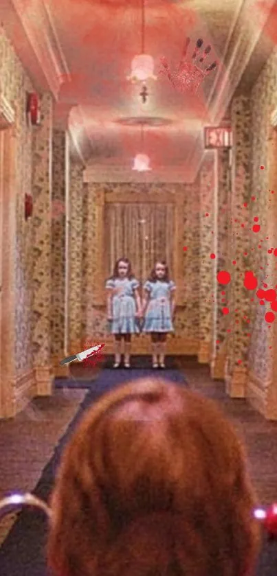 Eerie hotel hallway with ghostly twins in a spooky red atmosphere.