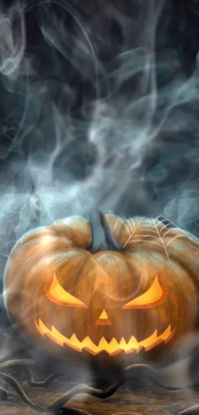 Spooky jack-o'-lantern with smoke in a dark Halloween scene.