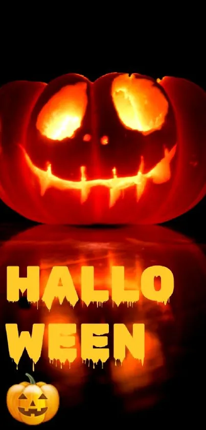 Glowing jack-o'-lantern with Halloween text on dark background.