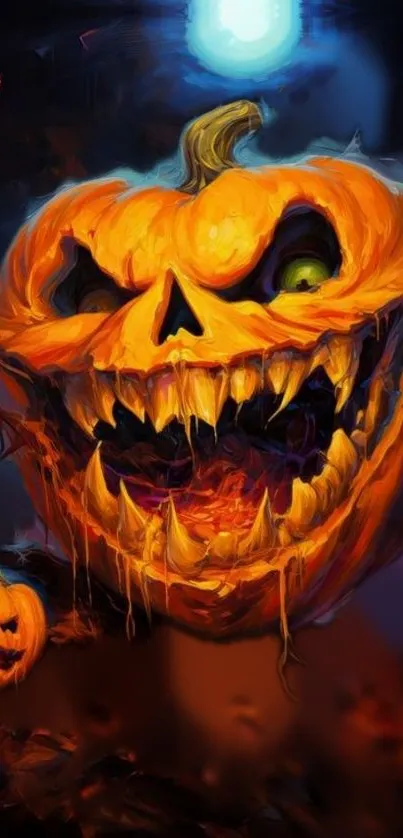 Haunting jack-o'-lantern with eerie glow and blue background.