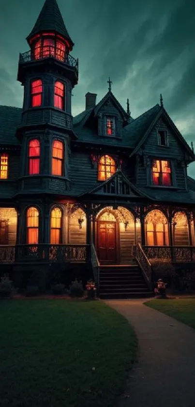 Dark Victorian mansion illuminated at night with a spooky, eerie atmosphere.