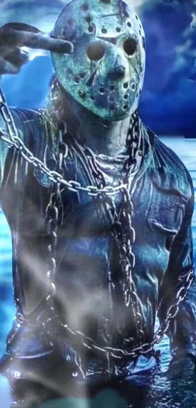 Masked figure emerging from eerie water with chains in a spooky blue setting.