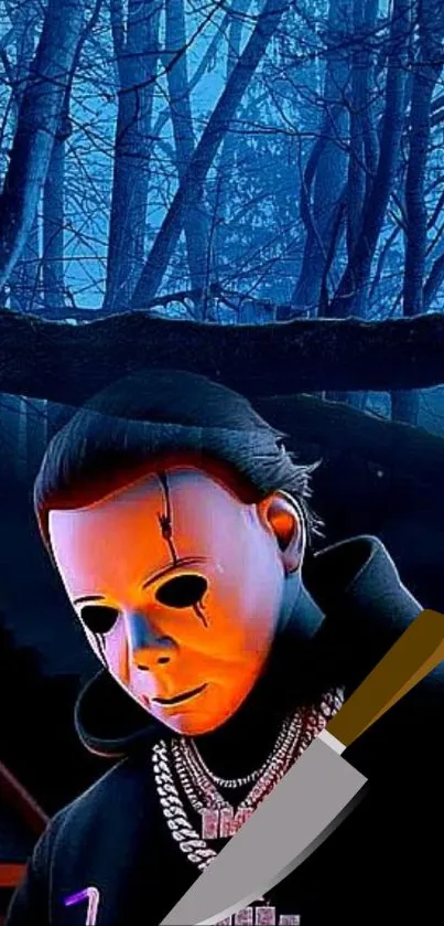 Masked figure in dark forest wallpaper with eerie vibe.
