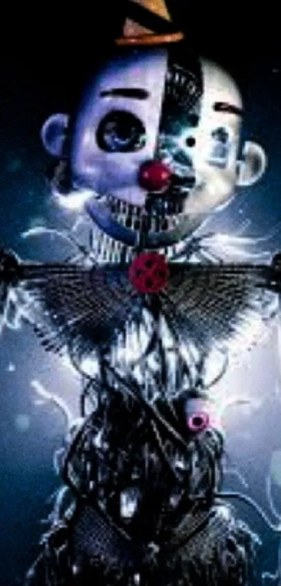 Spooky mechanical clown with glowing effects in dark theme.