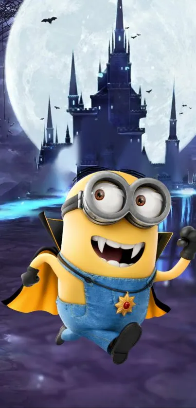 Minion in Dracula costume with castle and moon.