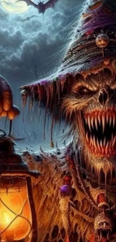 Terrifying monster holding lantern in spooky Halloween scene.
