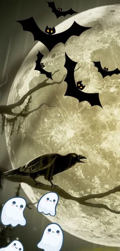 Haunting Halloween wallpaper with moon, bats, ghosts, and pumpkin.