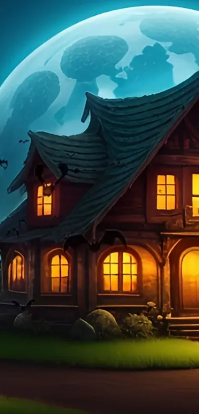 Moonlit night wallpaper with a spooky house.