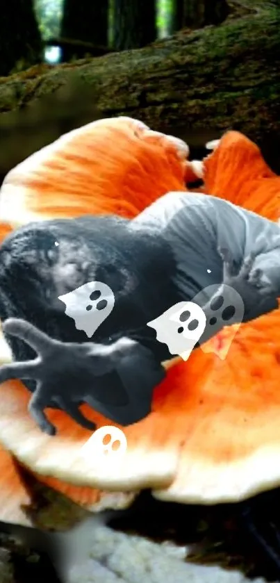 Ghostly figure on orange mushroom in spooky forest art.