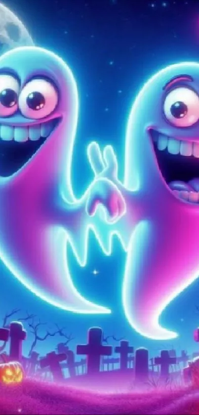 Neon ghosts in a spooky graveyard with a Halloween theme.