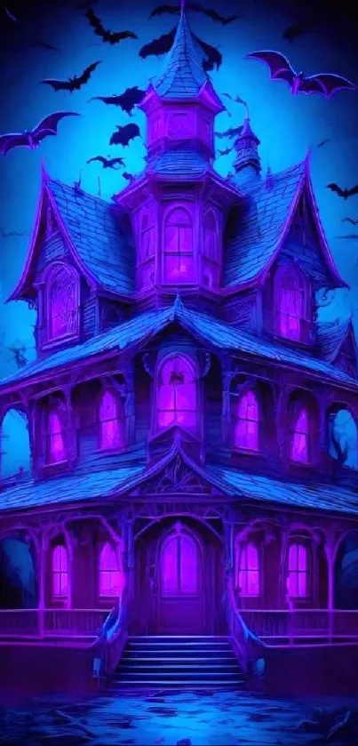 Neon haunted house with bats and glowing purple accents.