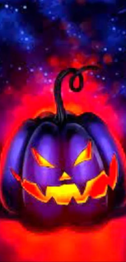 Spooky neon pumpkin with glowing background.