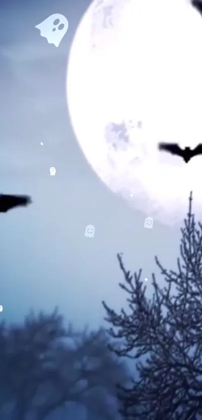 Spooky night wallpaper with bats and a full moon casting an eerie glow.