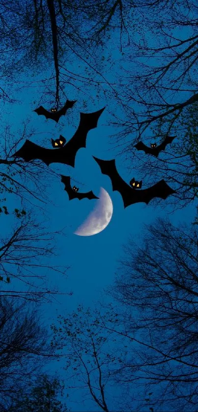 Moonlit night sky with bats flying among tree silhouettes.