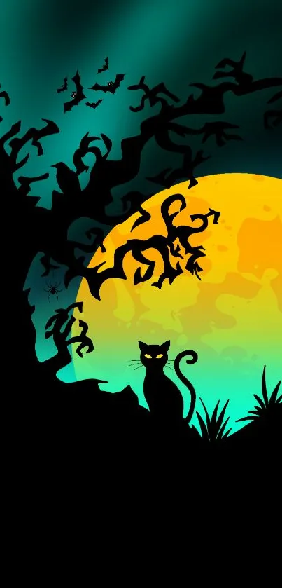 Spooky wallpaper with cat, tree, and full moon, ideal for Halloween.