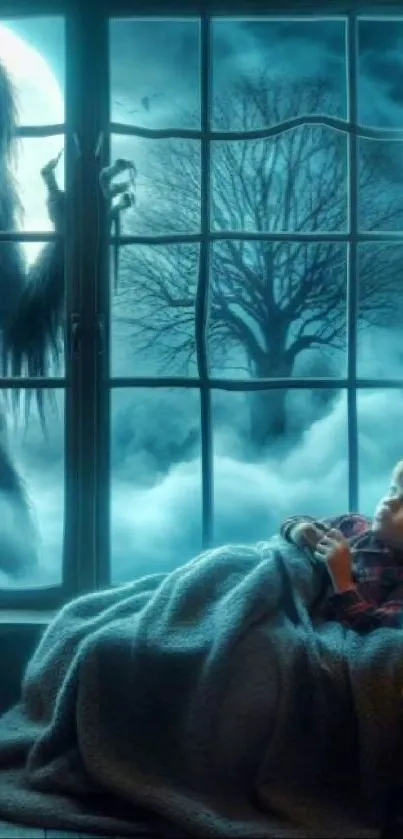 A spooky creature looks through the window at night, with a child lying in bed.