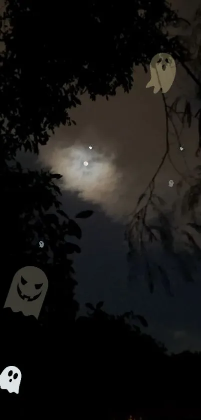 Spooky night wallpaper with animated ghosts and moonlit sky.