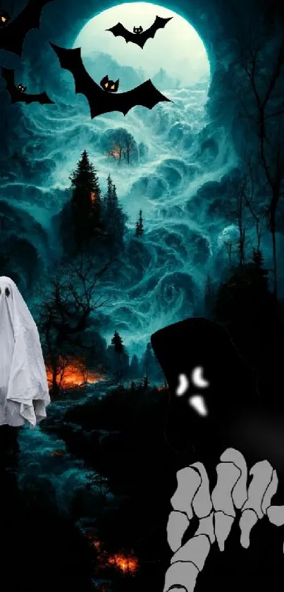 Halloween themed wallpaper with ghosts, bats, and a luminous moon over a dark forest.