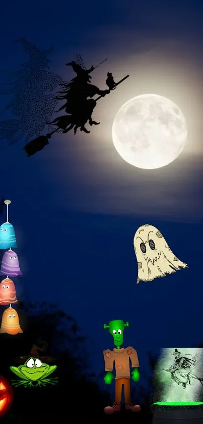 Spooky Halloween wallpaper featuring a witch, full moon, and ghostly figures.